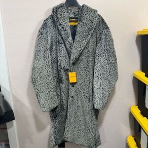 Gray Leopard Print Faux Fur Trench Coat
